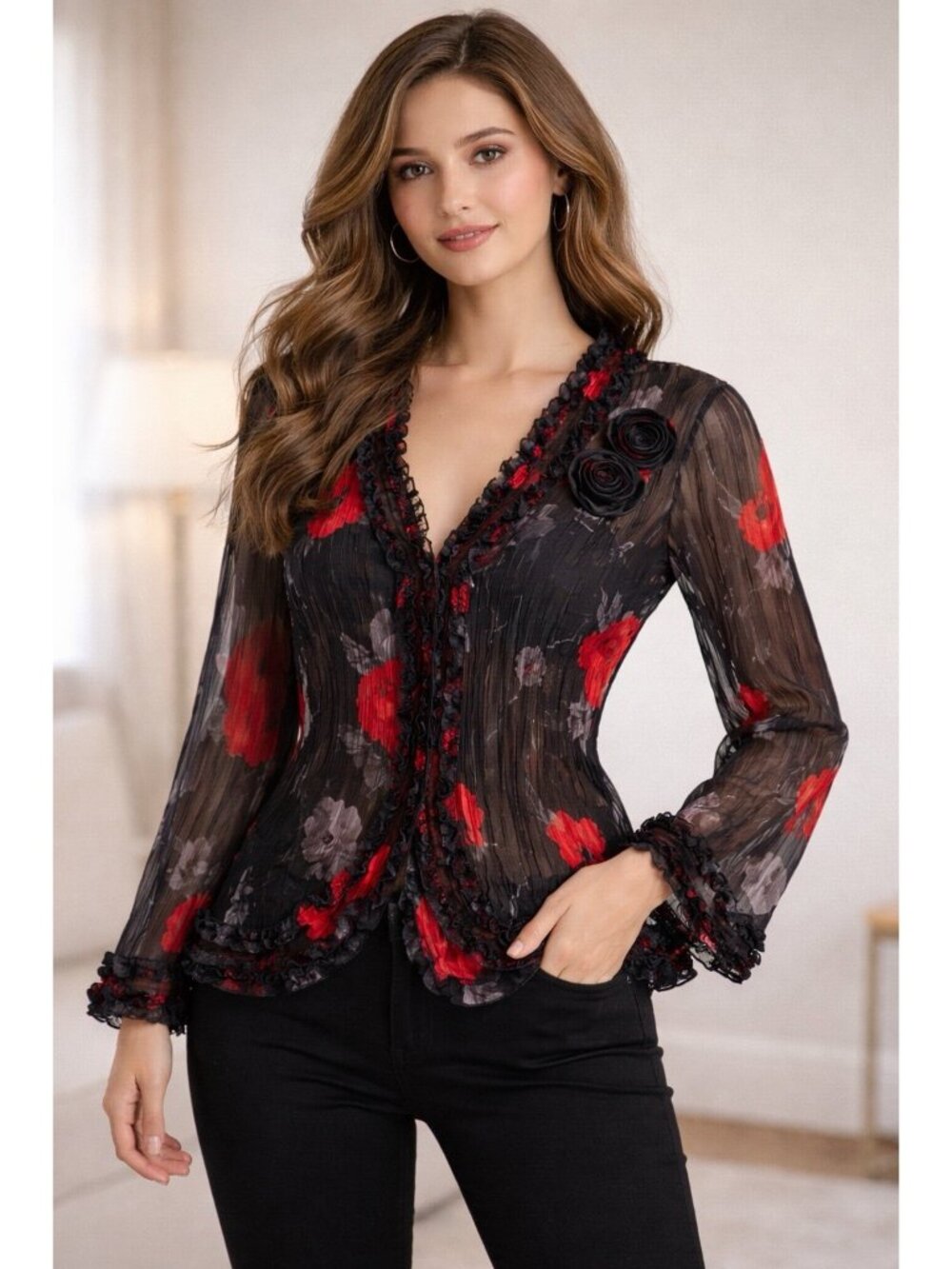 Vintage Agora Women Blouse M roses on black Ruffle Sleeve Fairycore Y2K Romantic